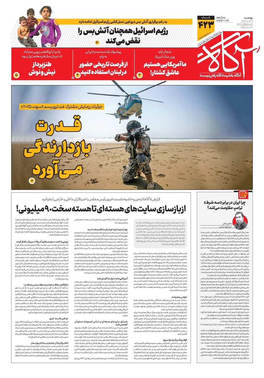 جلد شماره ۴۲۳ روزنامه آگاه